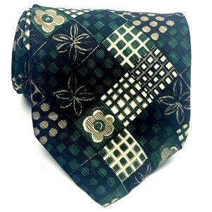 NATURA Mens Silk Necktie Geometric Pattern Green Black White Multi-color Tie